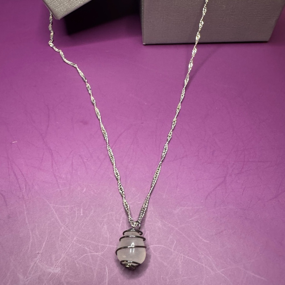Rose Quartz Necklace Wrapped in Sterling Silver on a Sterling Silver Chain - Picture 4 of 4